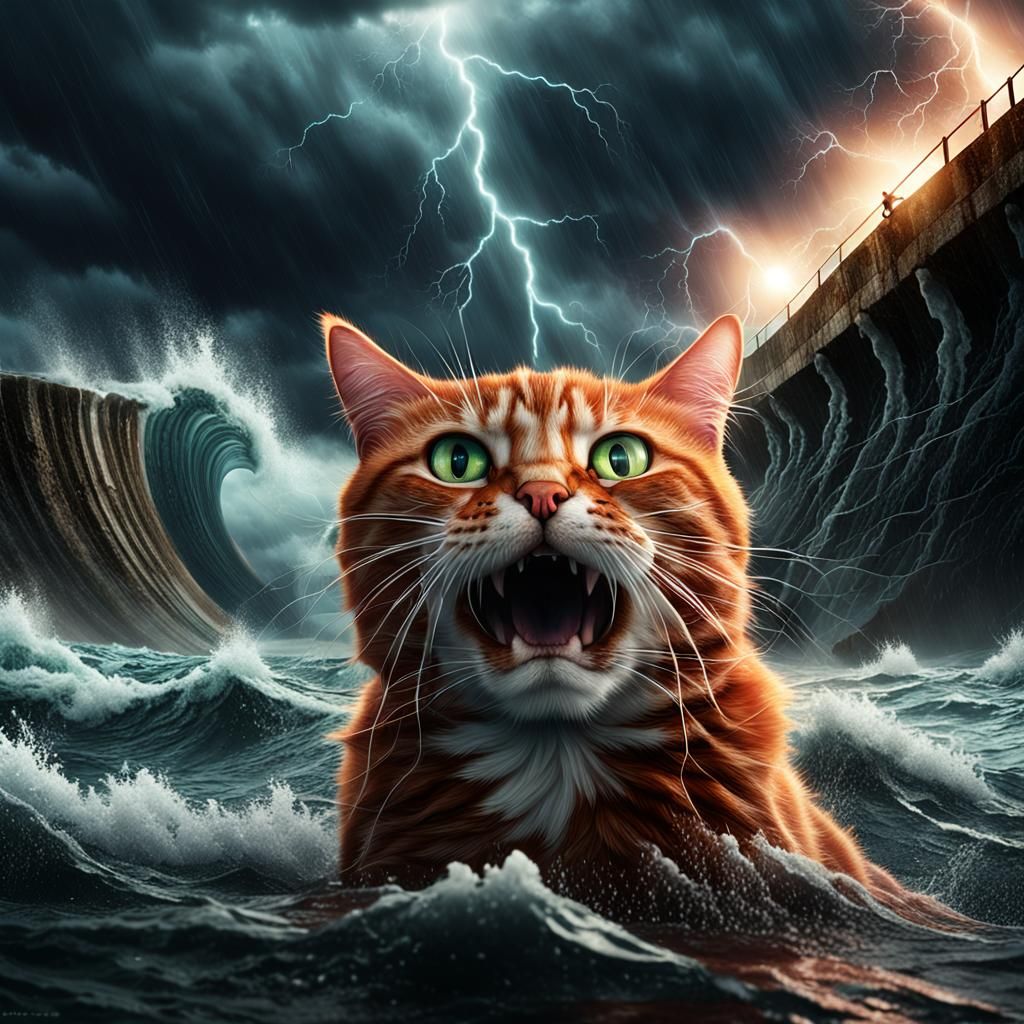Red-Haired Cat Confronts Tsunami in Dark Fantasy Digital Art