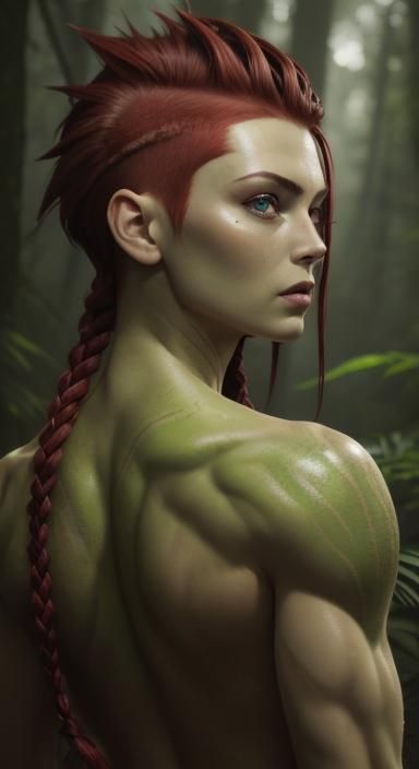 Quizzical Woman with Red Mohawk in Forest Pool