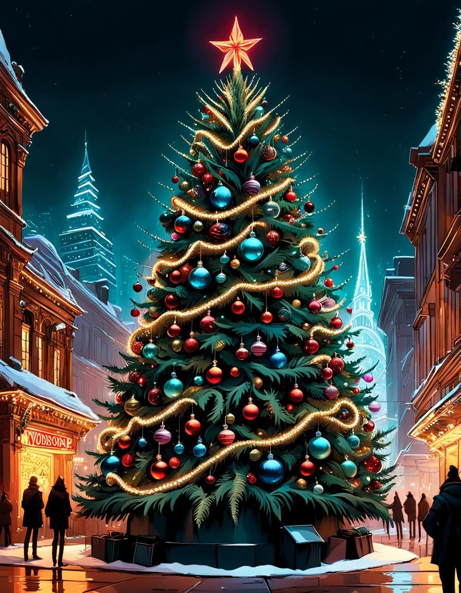 Venomized Xmas Tree in City Center, Comic Book Art