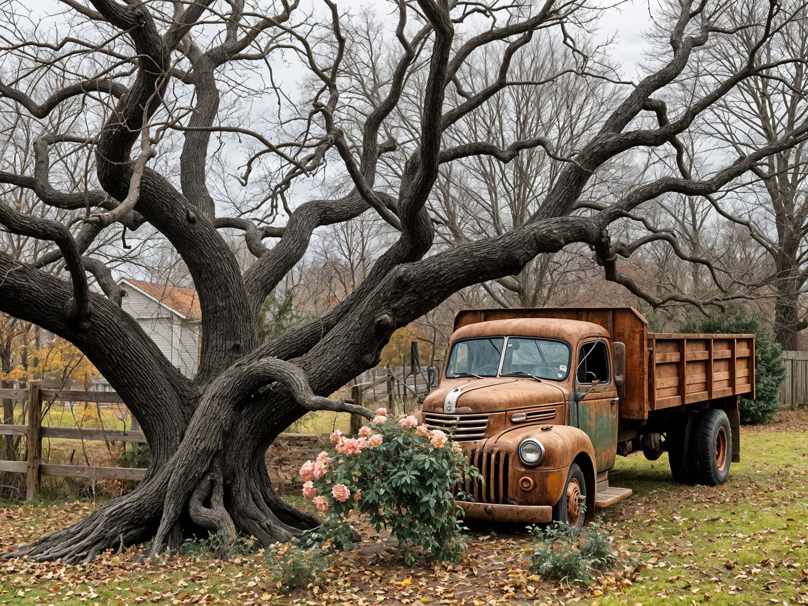 Rustic Autumn Backyard with Roses and Truck