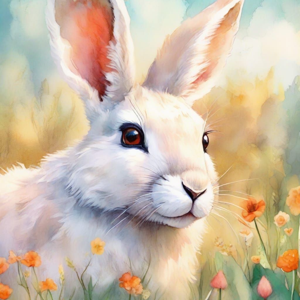 Giant Rabbit and Tiny Fox in Watercolor Style