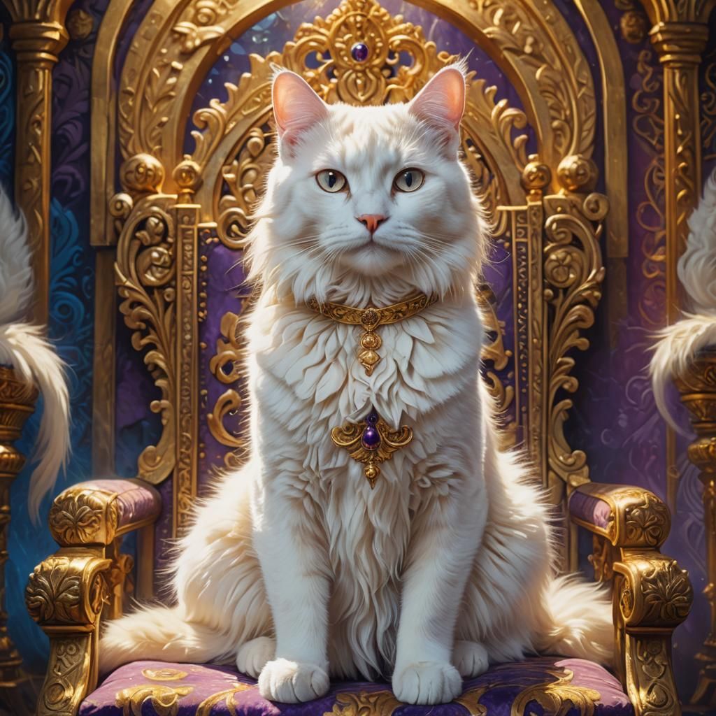 White Cat on Golden Throne: Digital Art