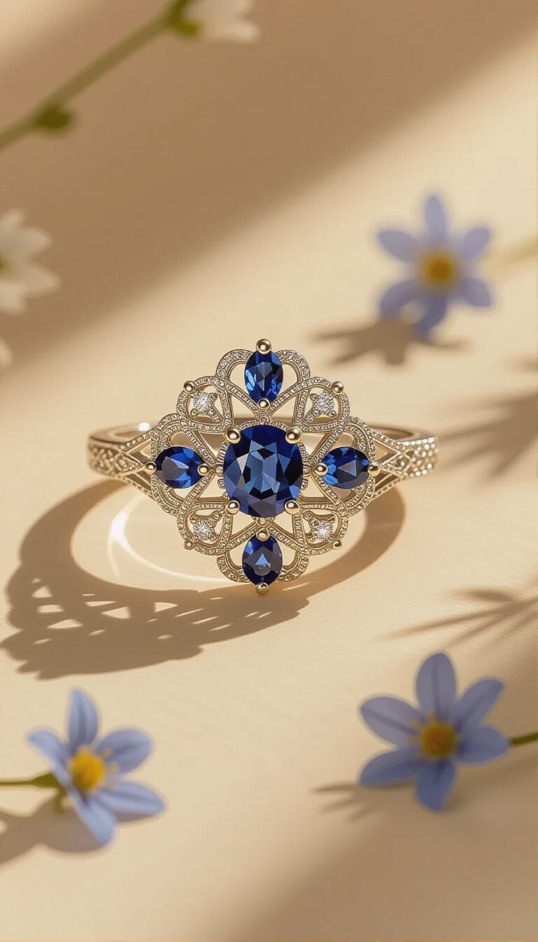 Virgo-Inspired Filigree Ring with Sapphires in White Gold