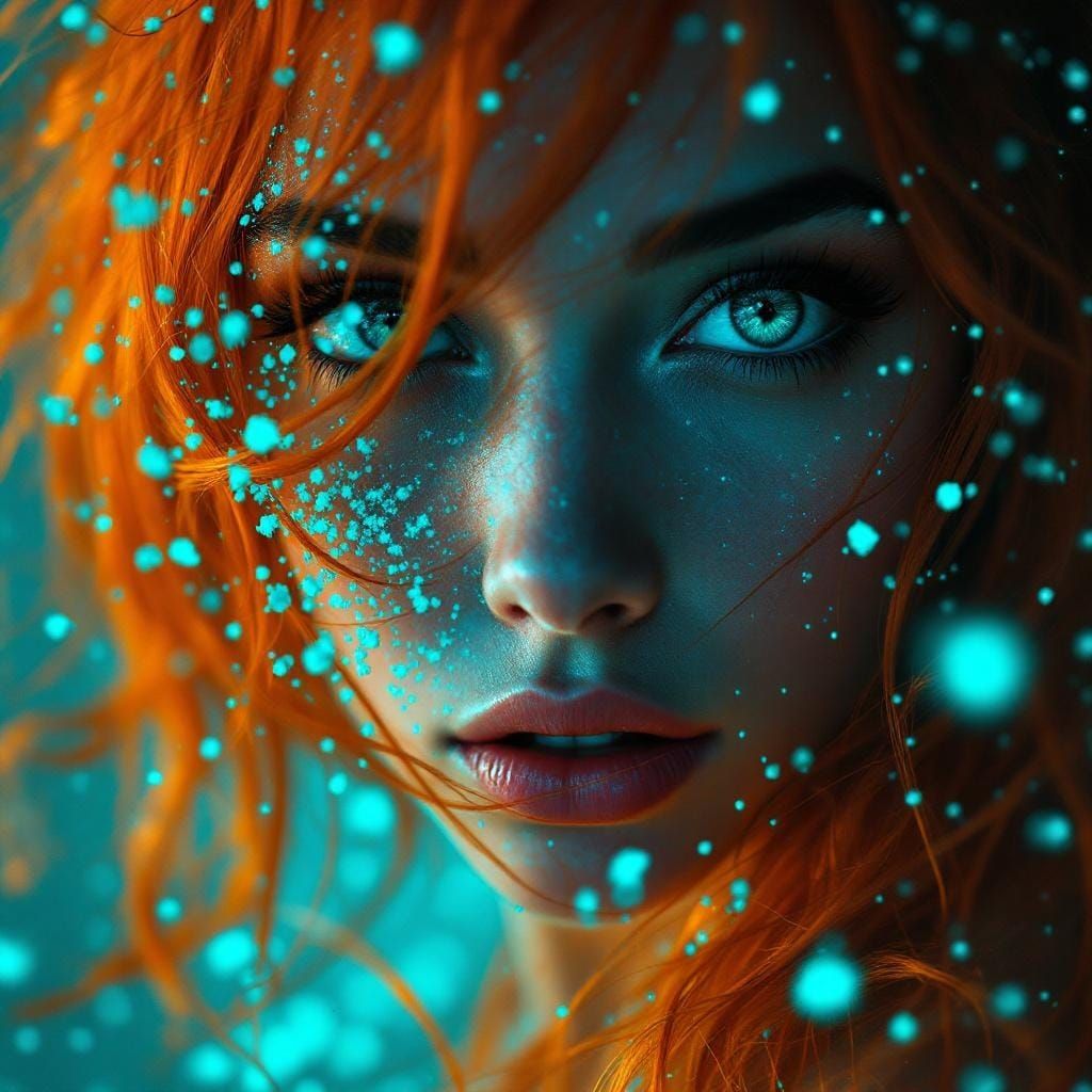 Surreal Portrait: Woman Dissolving into Turquoise Particles
