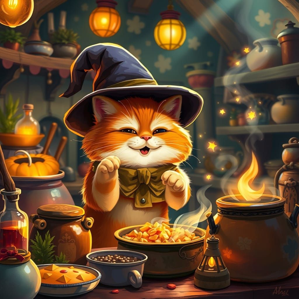 Magical Cat Conjures Food with Spells in Enchanted Kitchen