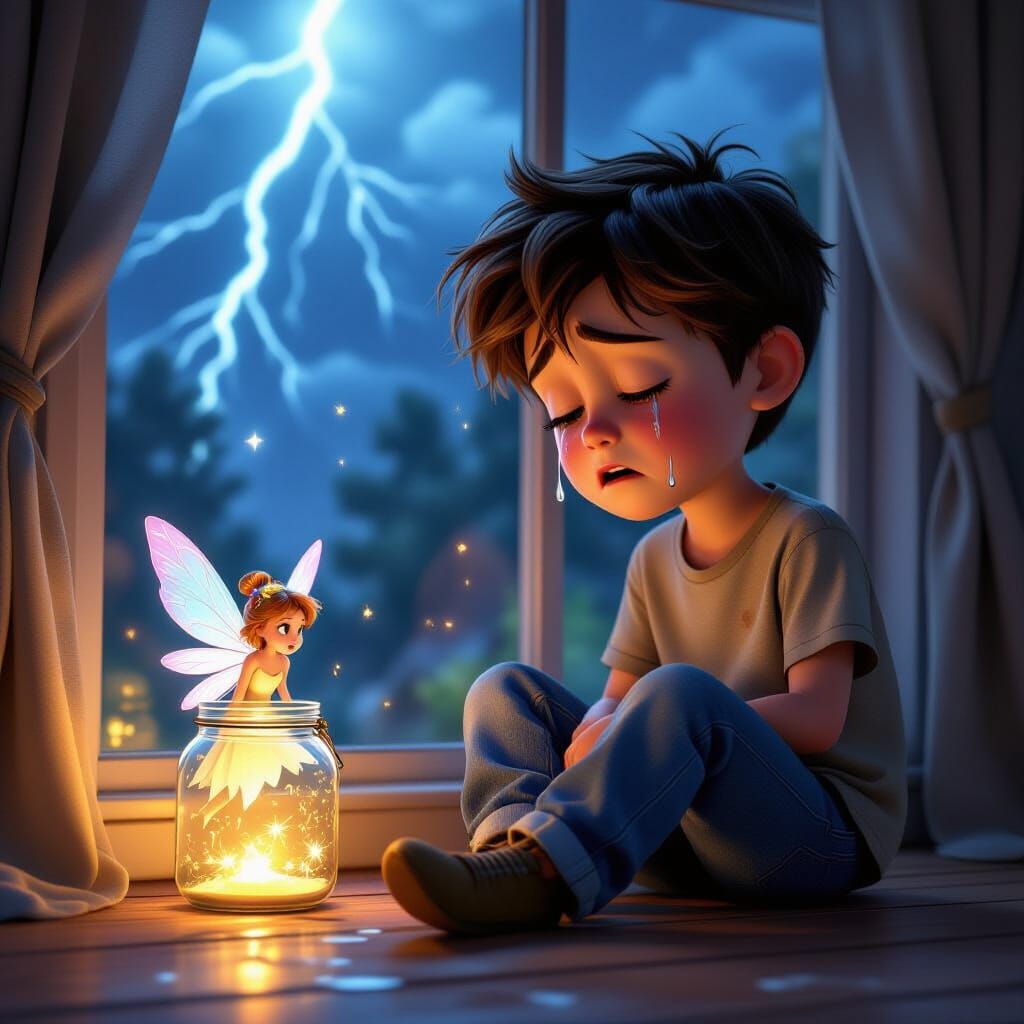 Pixar-Style Boy Crying with Fairy in Jar
