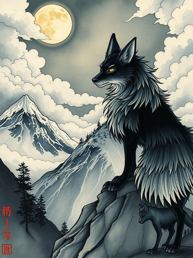 Kitsune at Mountain Sanctuary in Gothic Ink and Watercolor
