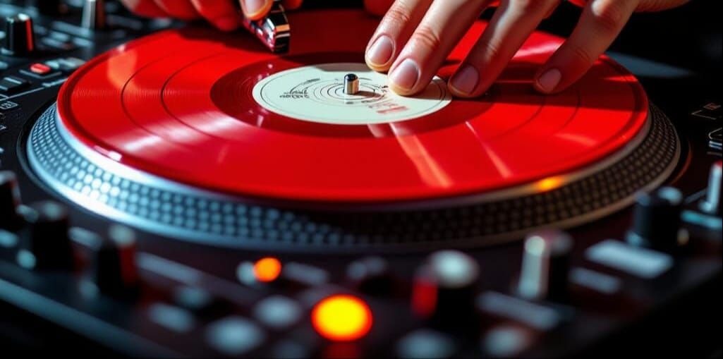 DJ Qbert's Hands Scratching Vinyl on Turntable