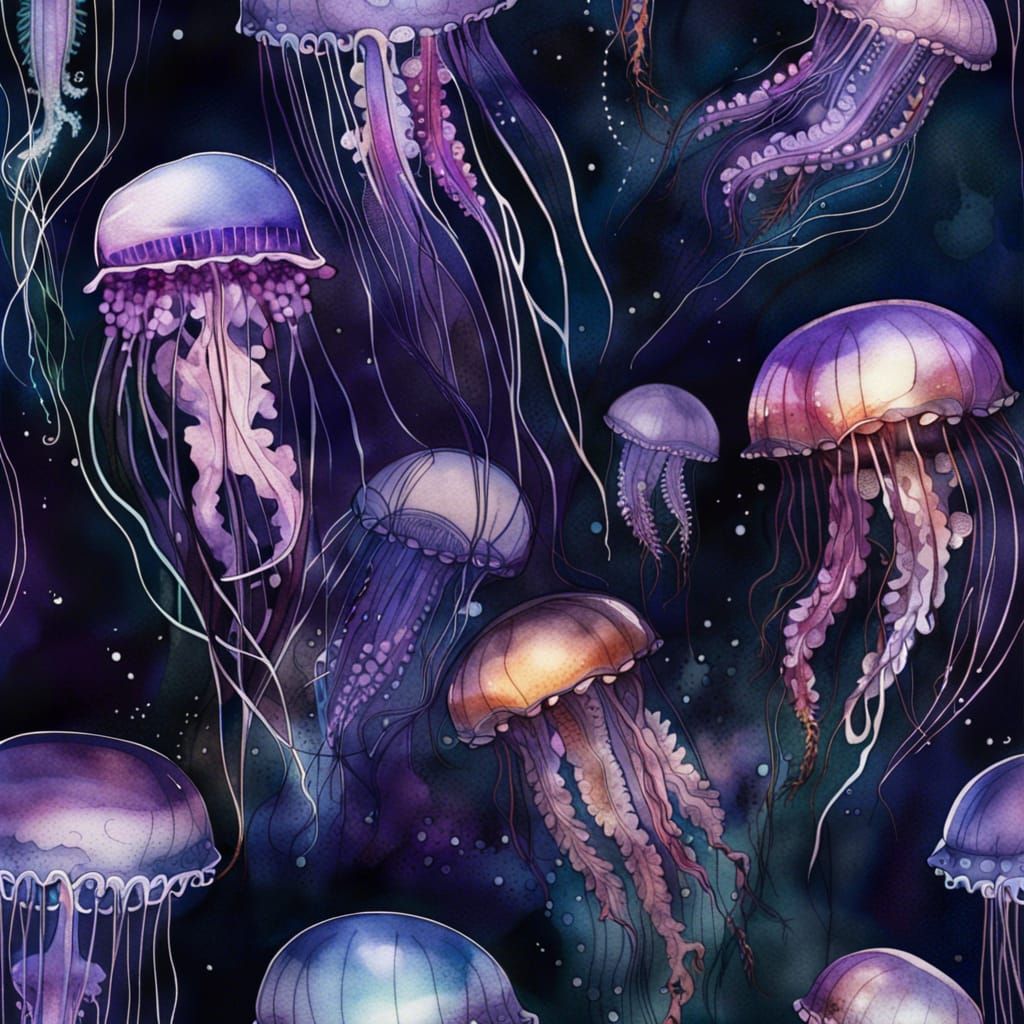 Bioluminescent Jellyfish in Dark Water: Watercolor Illustrat...