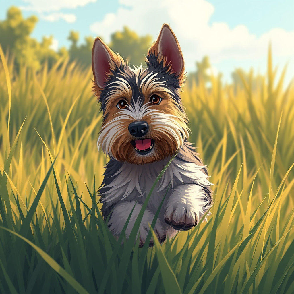 Scottish Terrier Plays in Grassy Field: Anime Style