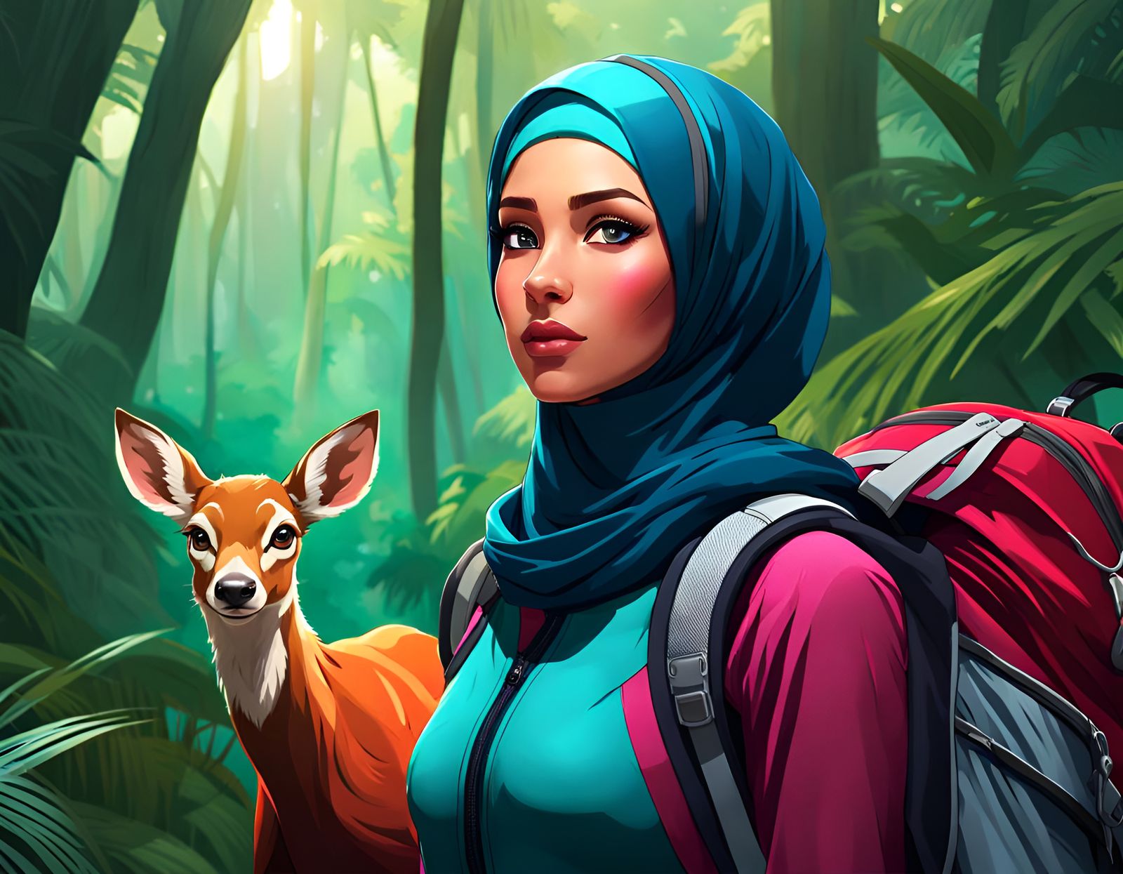 Woman in Hijab Meets Deer: Detailed Digital Portrait
