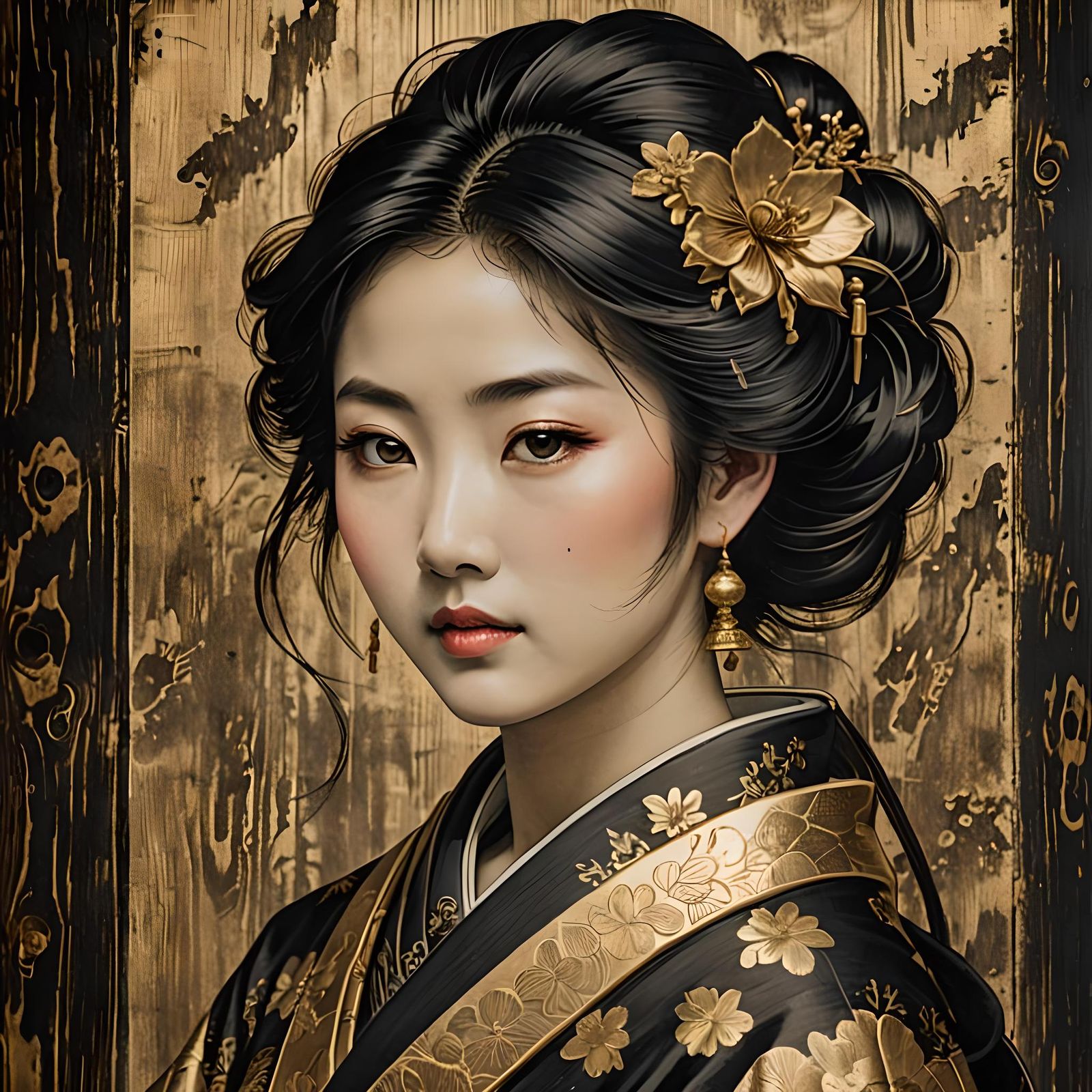 Charming Japanese Woman in Antique Gold Print