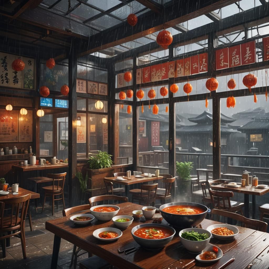 Kimchi Soup in Rainy Seoul: Detailed Matte Painting