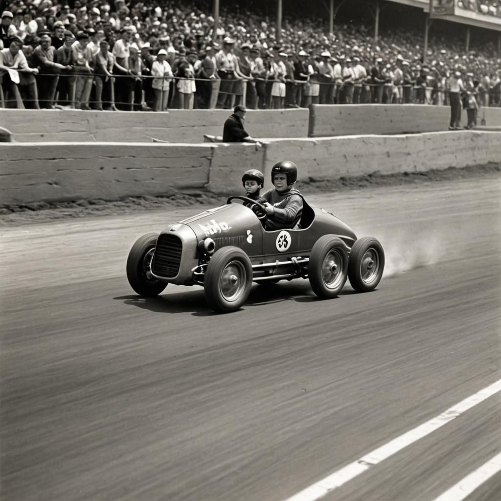 Superman driving a midget racer.