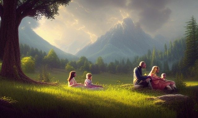 Family in Ethereal Landscape: Matte Painting