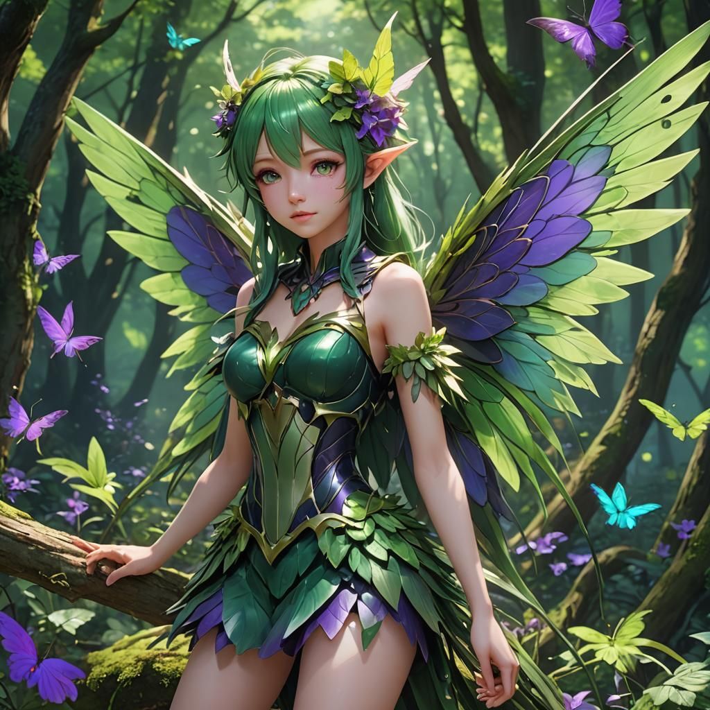 Green and Purple Forest Fairy in Anime Style