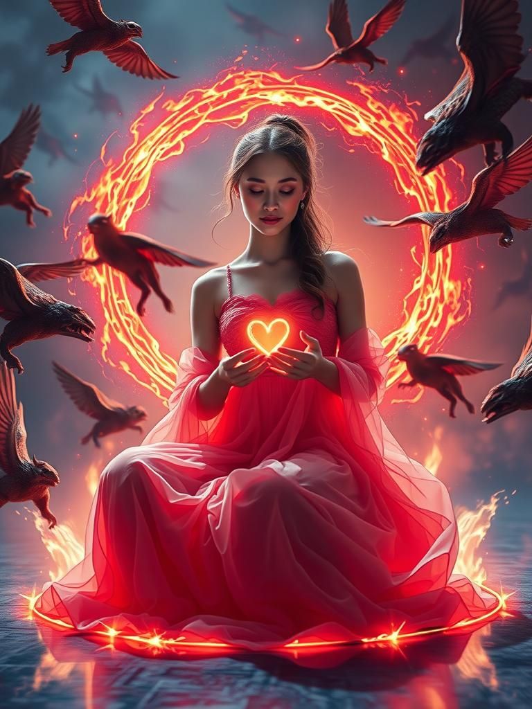 Lady with Glowing Heart in Fiery Circle