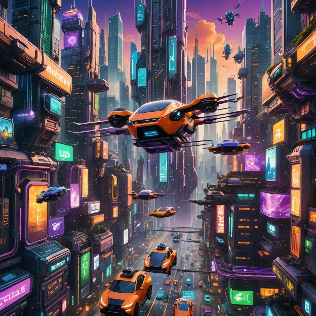 Futuristic Cityscape with Flying Cars and Holograms