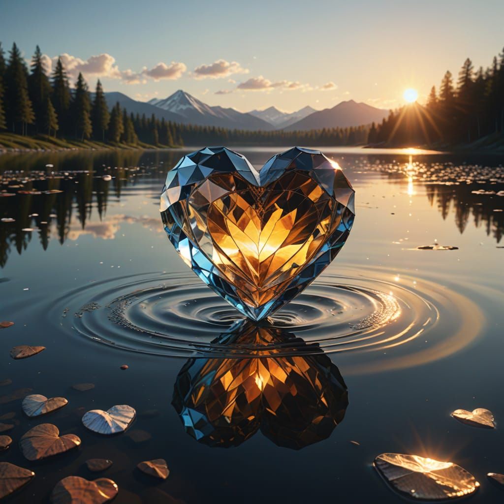 Crystal Heart Refracting Sunlight Over Reflective Lake