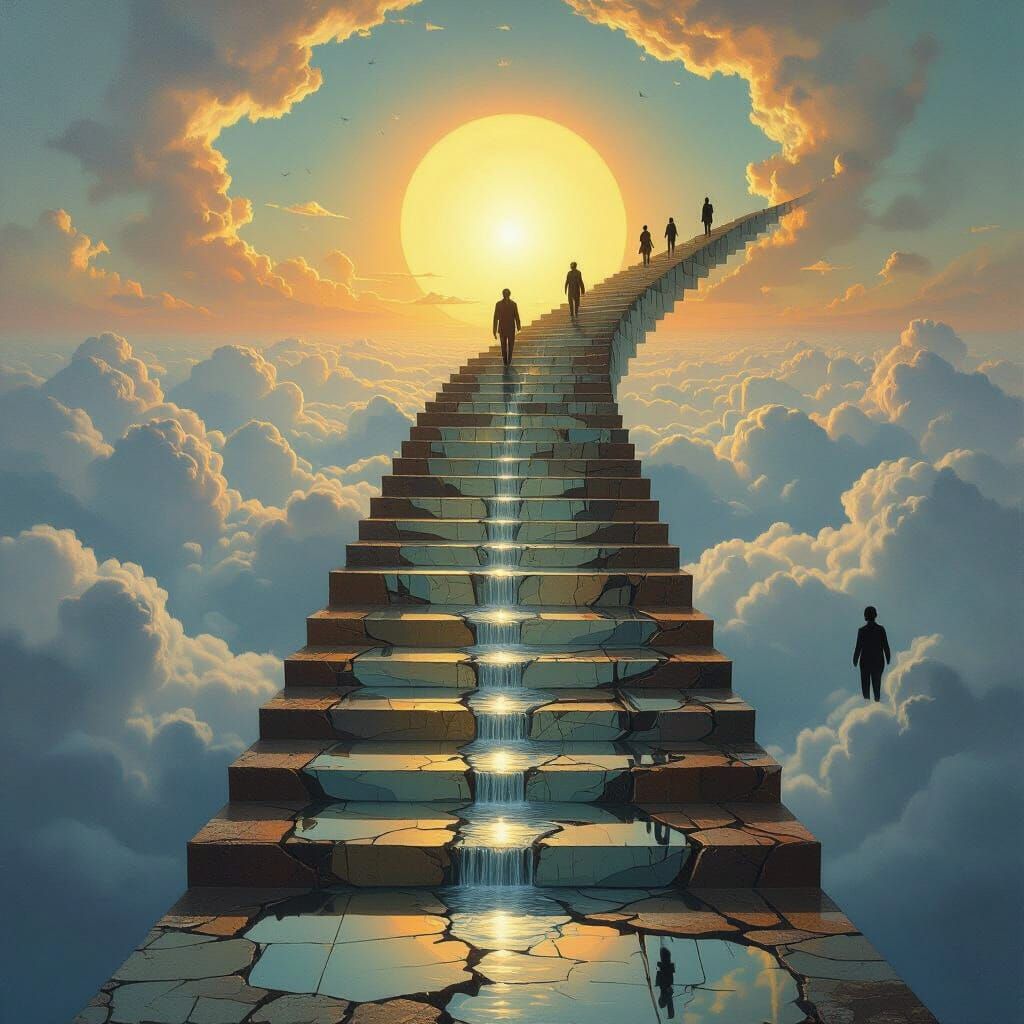 Mirrored Staircase to the Sky: Surreal Oil Painting