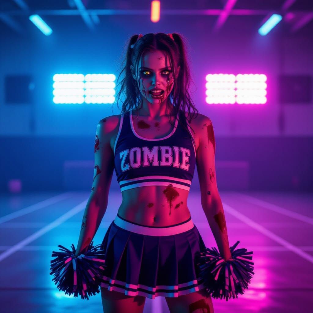 Retro Zombie Cheerleader in Neon Gymnasium