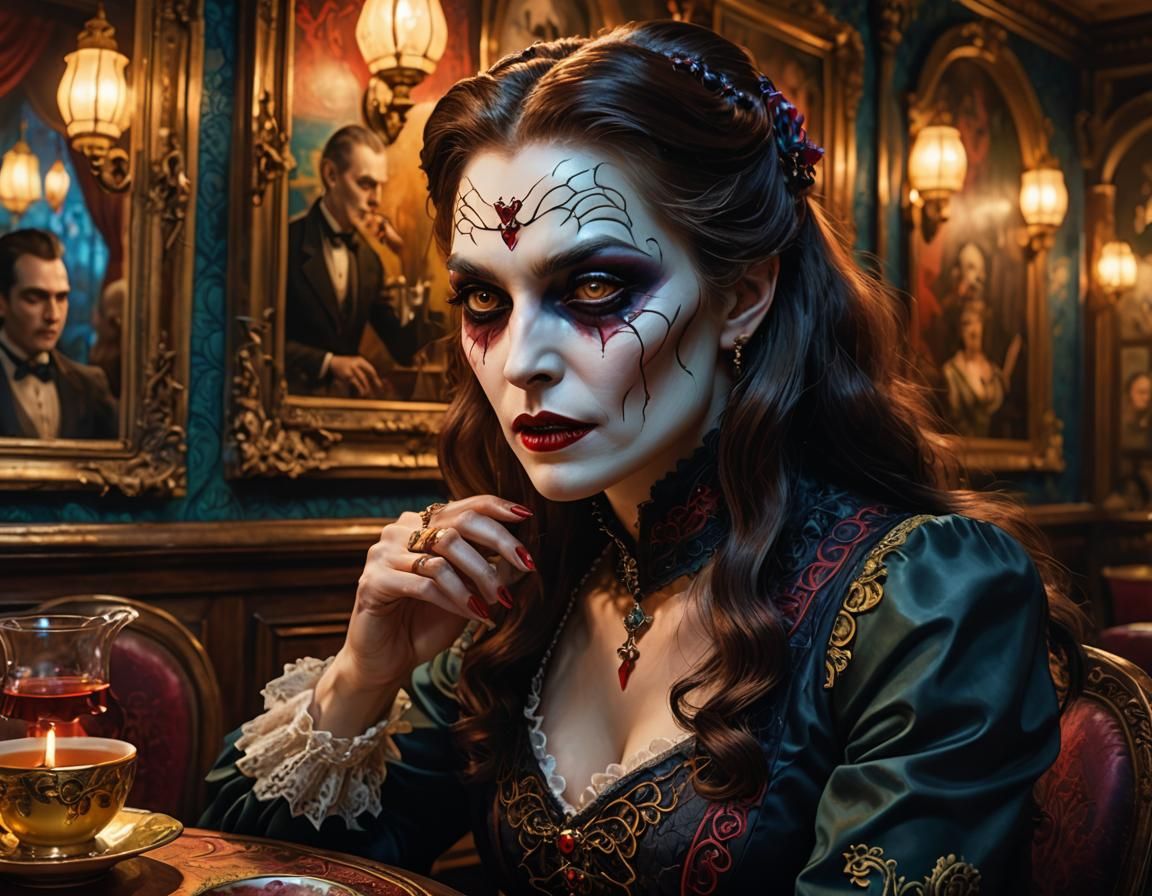 Vampire Secrets in Victorian Tea Room, Hyperrealistic Art