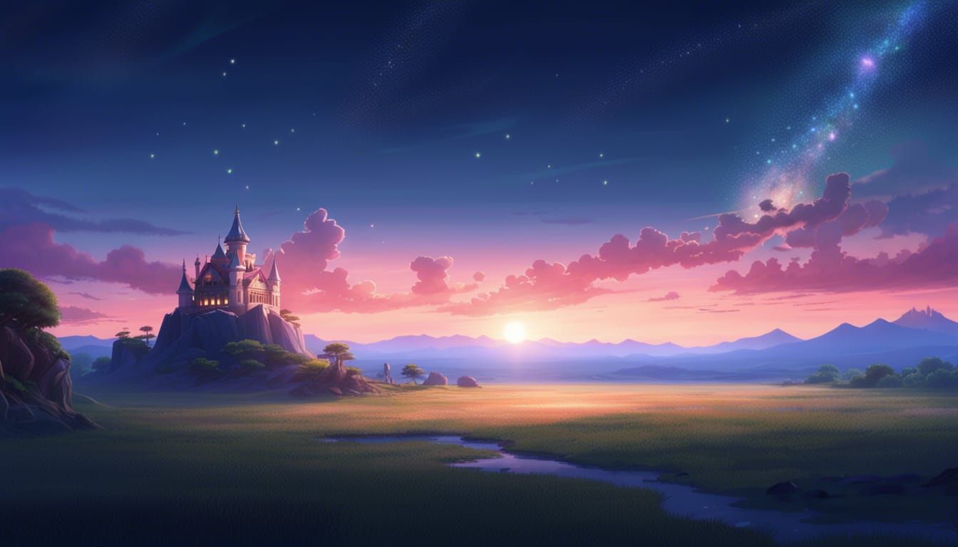 Anime Fantasy Palace at Sunset Under Starry Sky