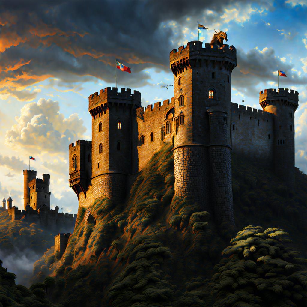 Medieval Castle with Dragon, Oil Painting