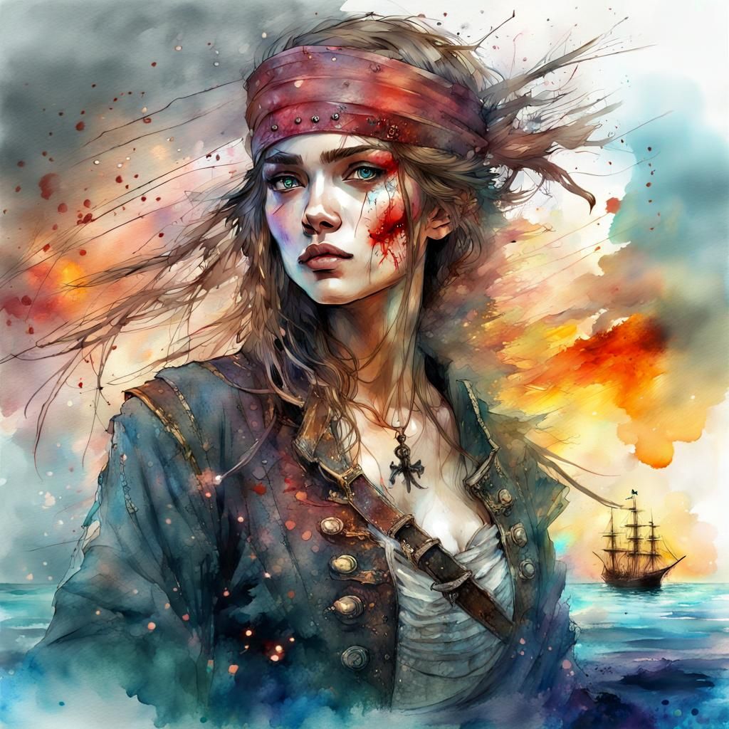 Beautiful Pirate Woman in Digital Watercolor Art