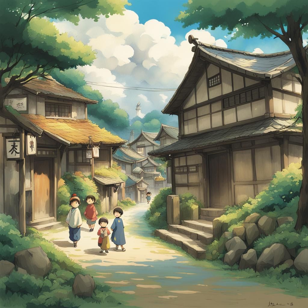 Ghibli-Style Japanese Village Scene with Playing Children