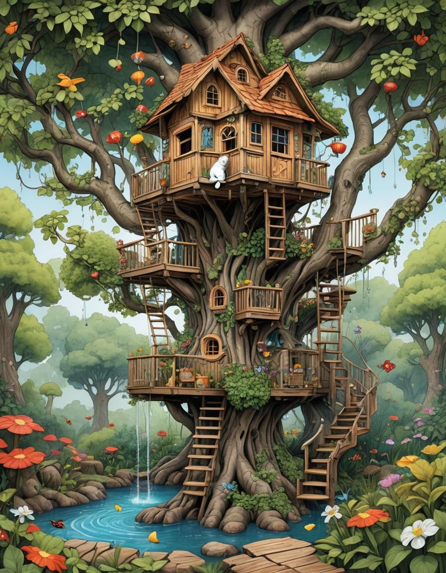 Enchanting Treehouse with Cat in Coloring Book Style