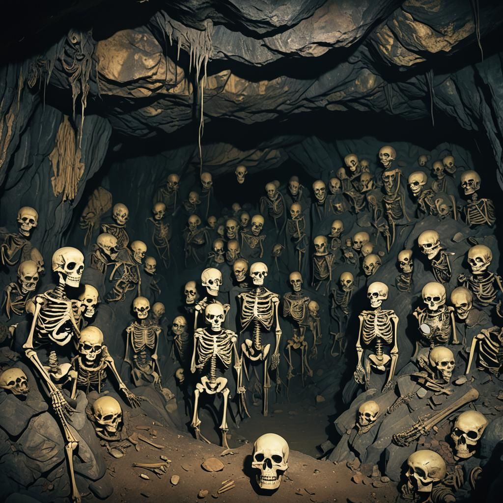 Dramatic Skeletons in Dark Cave: Cinematic Film Still