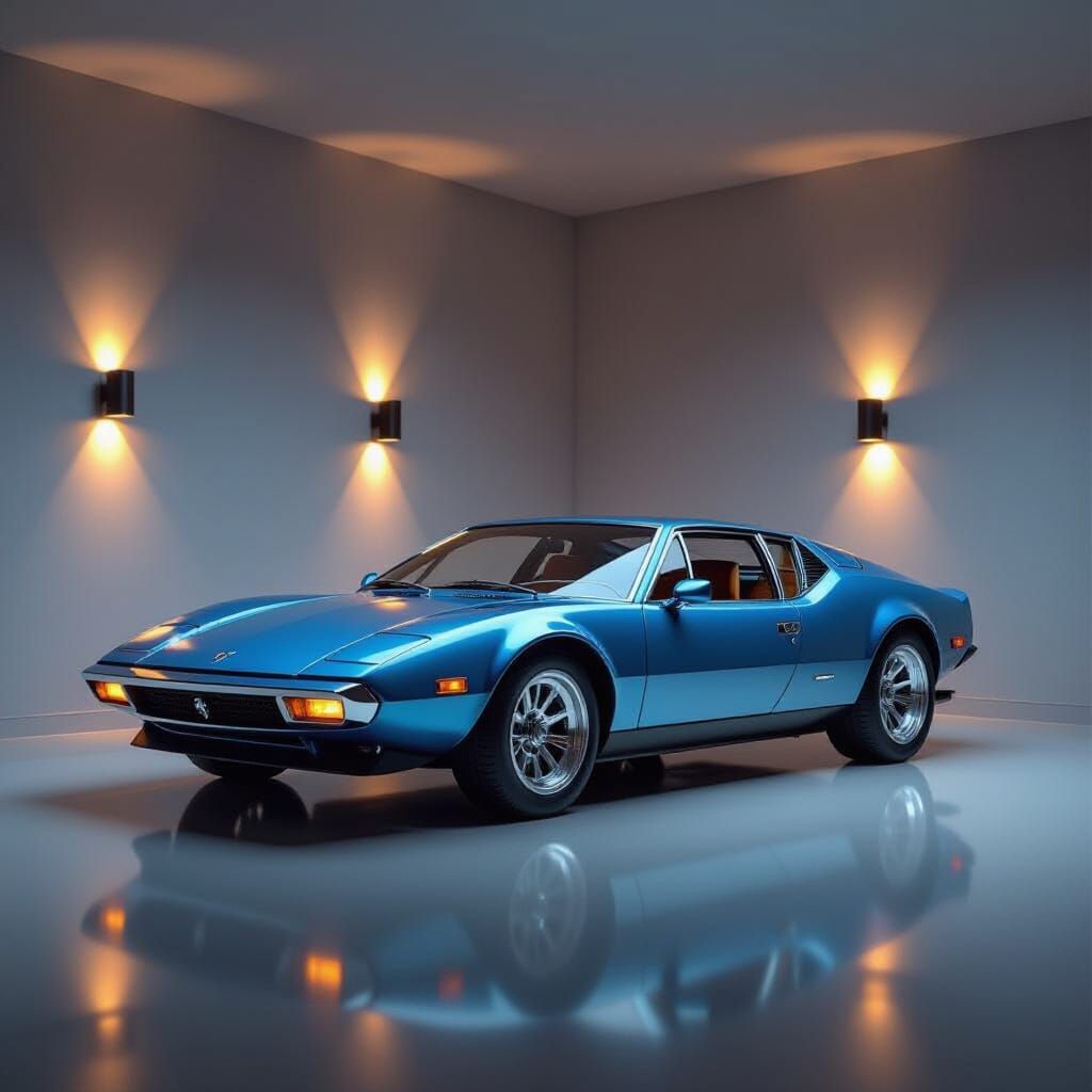Blue De Tomaso Pantera as Art in Luxury Minimalist Living Ro...