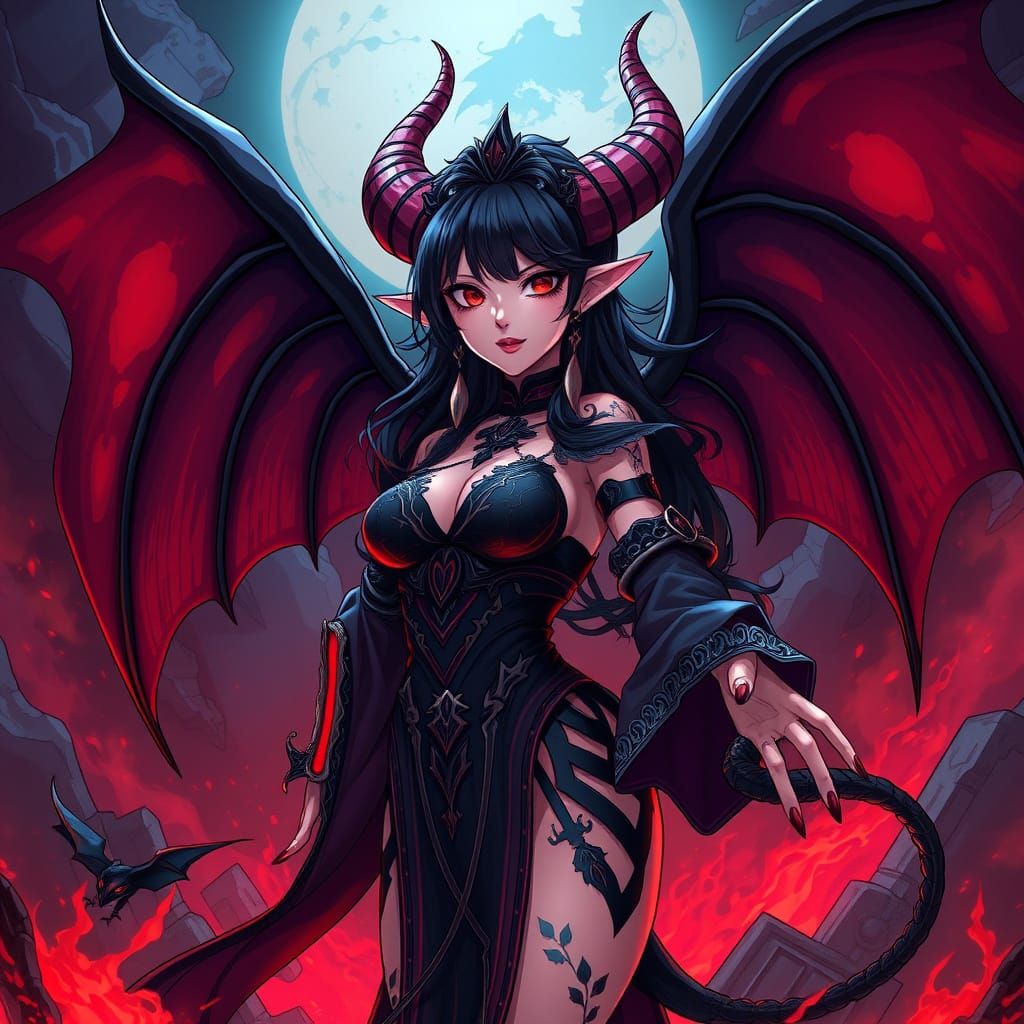 Anime Demon Woman in Hellish Realm, Manga Style