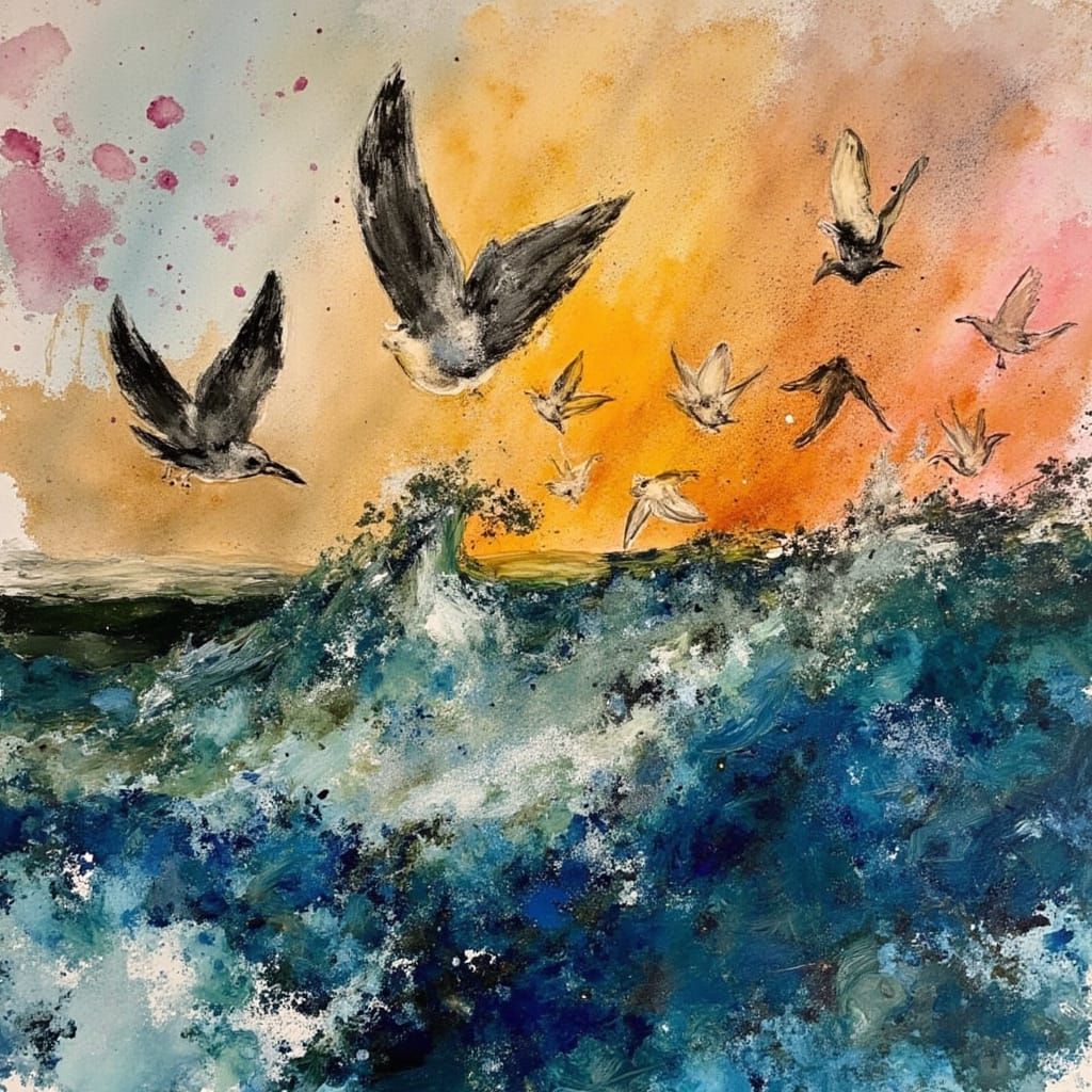 Vibrant Abstract Seagulls in Turbulent Ocean Waves