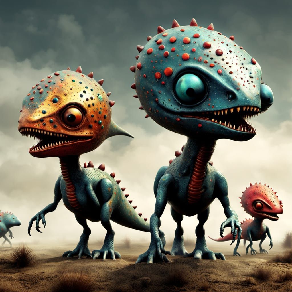 Chibi Alien Dinosaur Bobbleheads Walk on Horizon in Yayoi Ku...