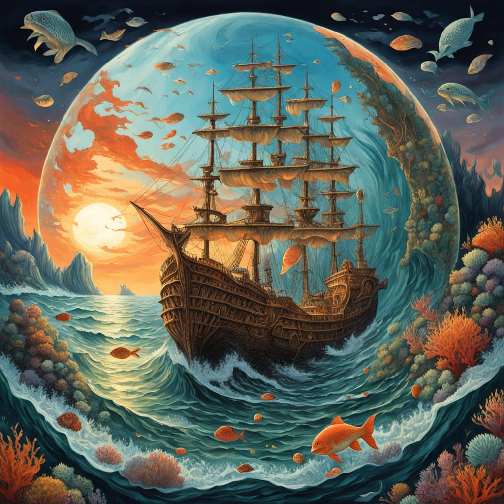 Mermaid and Galleon in Cracked Globe: Surreal Oil Painting