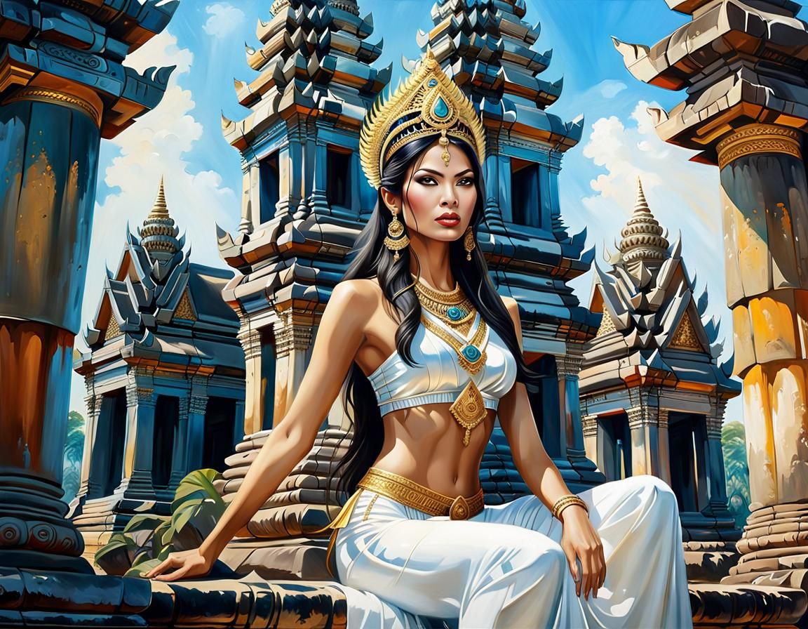 Cambodian High Priestess at Khmer Temple, Oil Painting