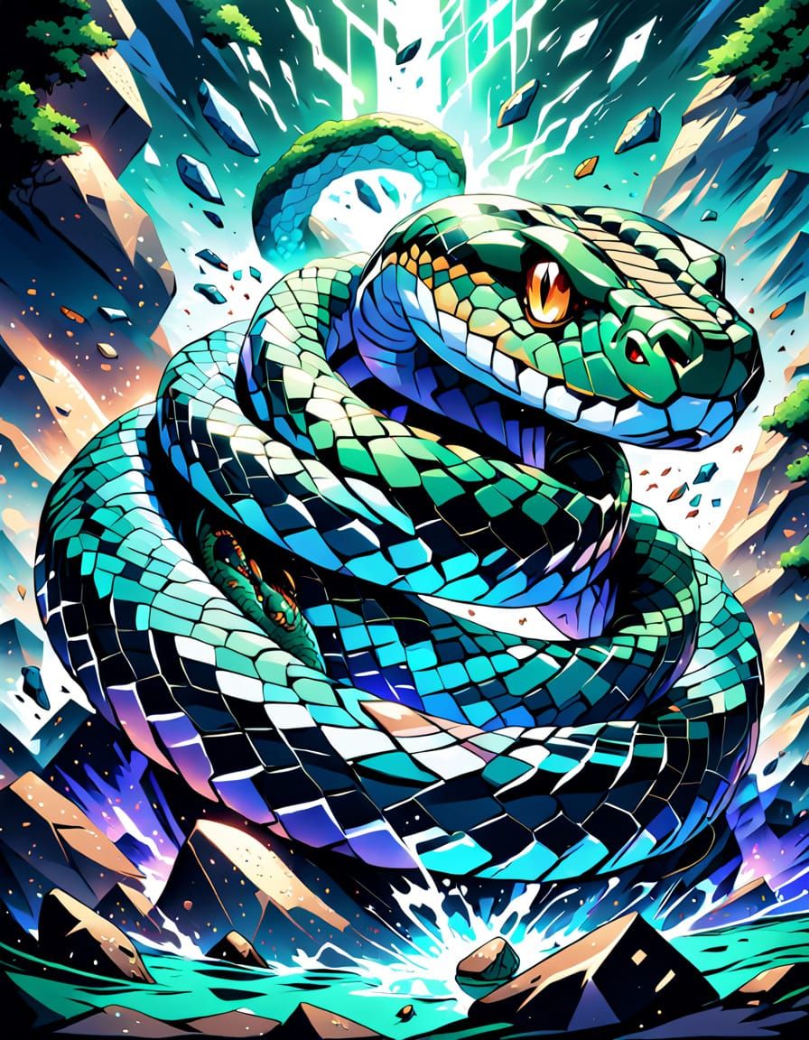 Anime Snake Crushes Rock with Iridescent Scales