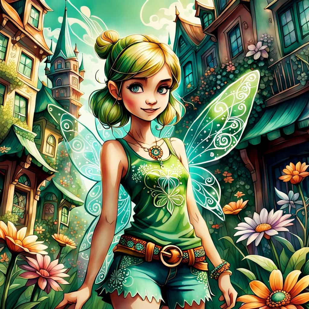 Tinkerbell in Neverland, Zentangle Style Digital Art