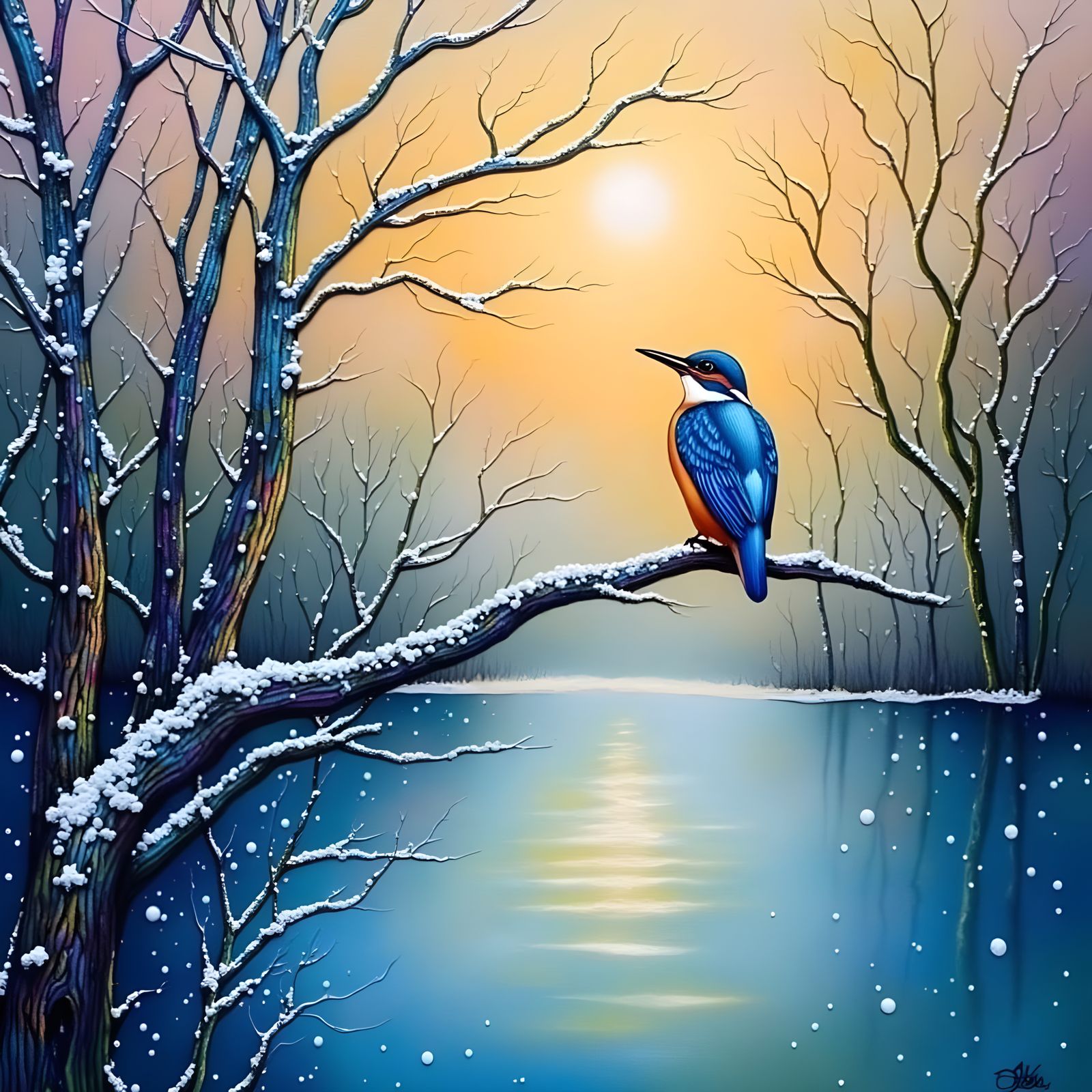 Vibrant Kingfisher perched on a Frozen Lake