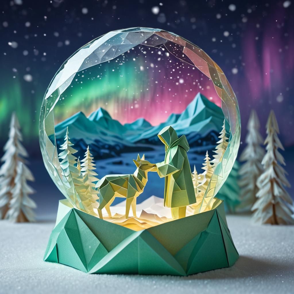 Eskimo with Snow Globe Papercraft Origami Northern Lights