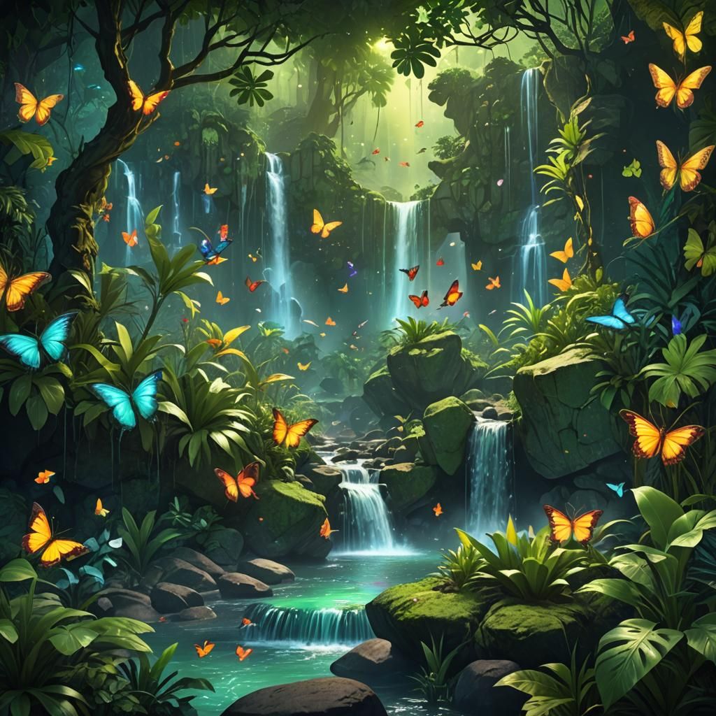 Lush Tropical Forest with Iridescent Butterflies
