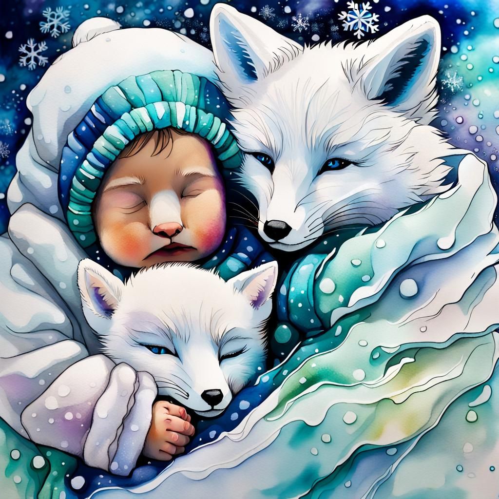 Baby and Fox Snuggle in Frozen Wasteland