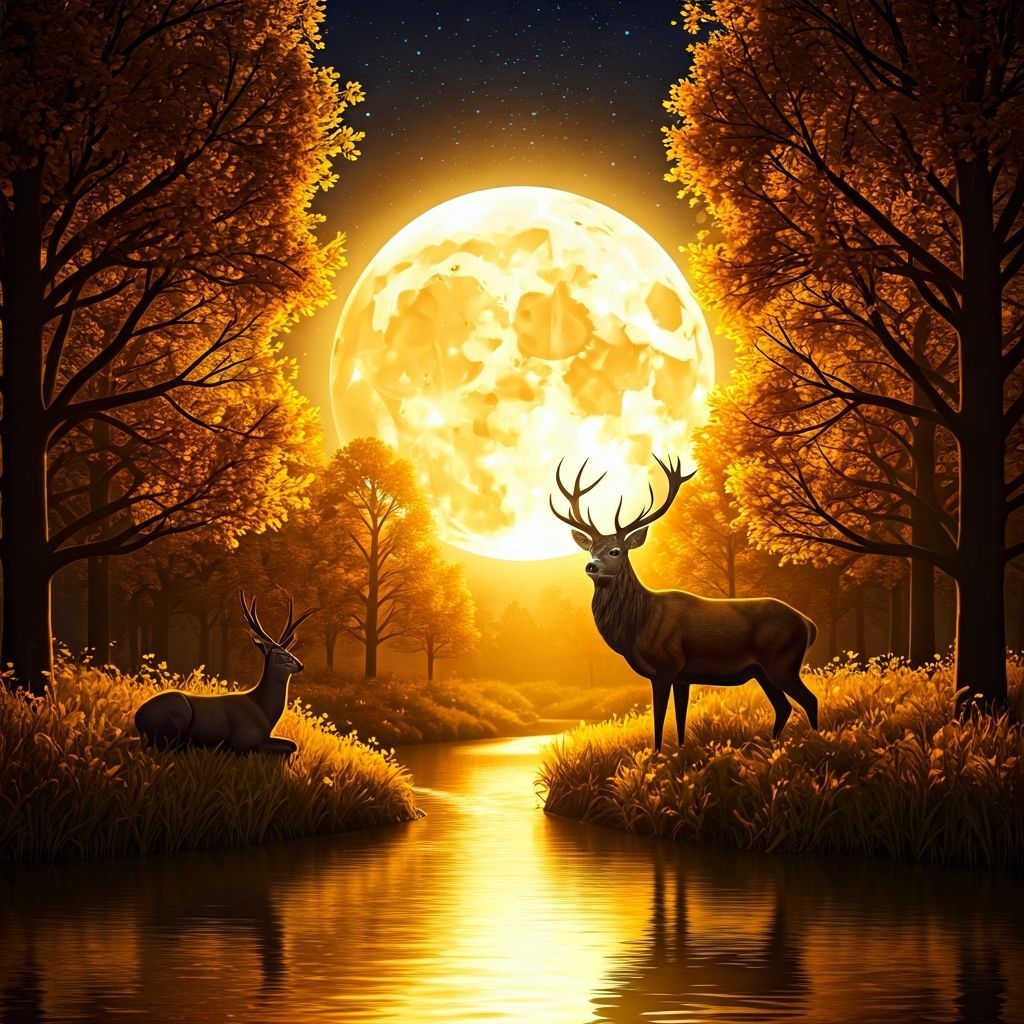 Magical Night Landscape With Golden Moonlit Stag