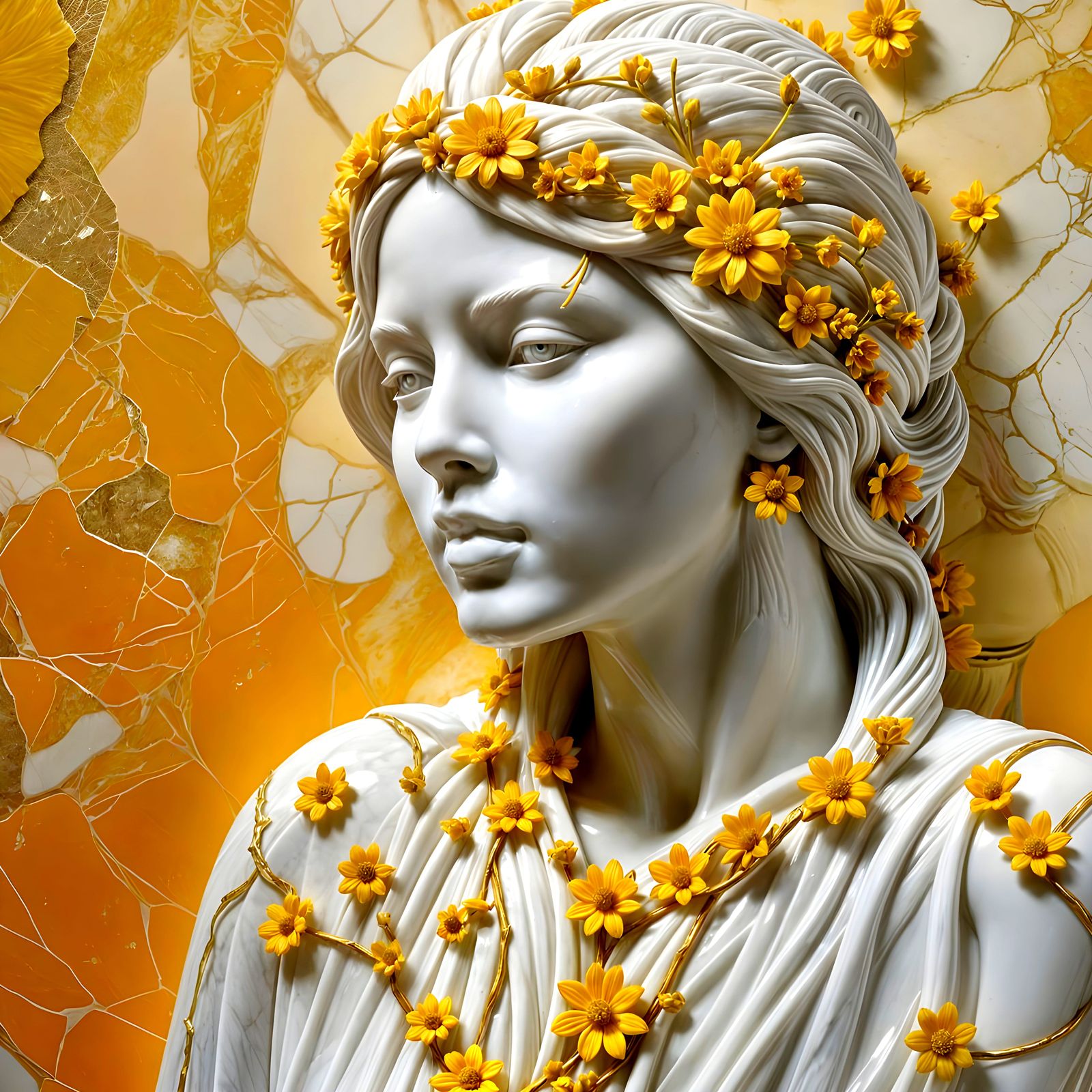 A Native American Woman in Elegant White Marble with Vibrant...