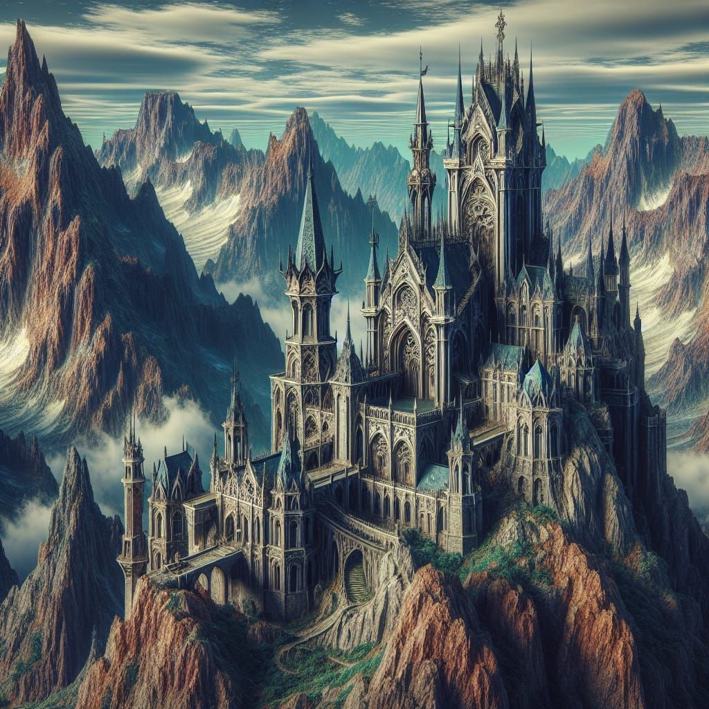 Gothic Castle on Mountain Peak: Fantasy Matte Painting