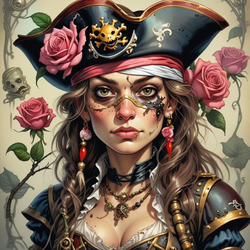 Fantasy Toad-Rose Pirate Maiden in Gonzo Comic Art