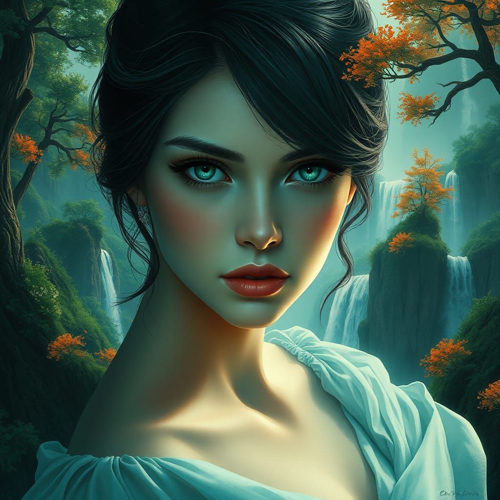 Woman Mirrored with Enchanted Waterfall Realm