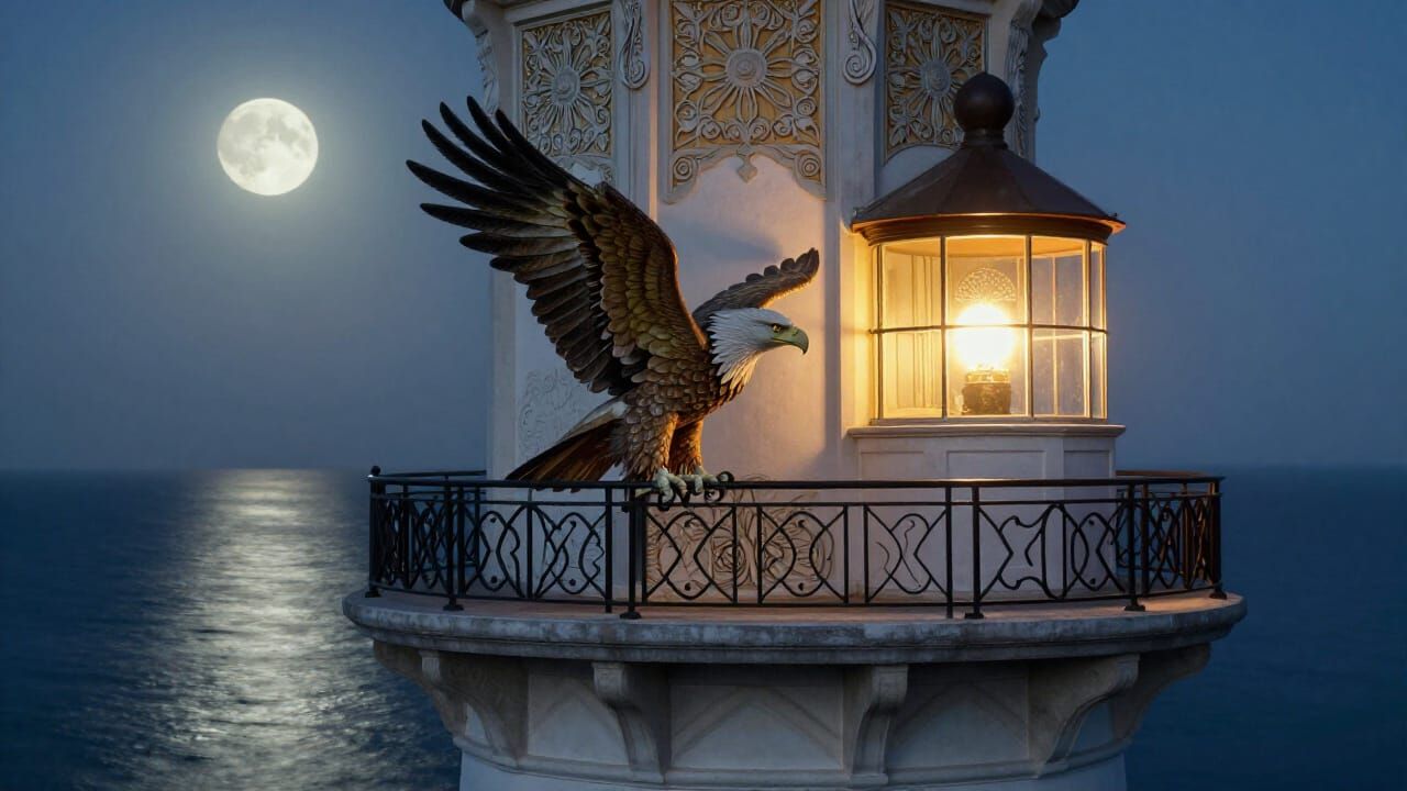 Aesthetic Lighthouse with Eagle Under Moonlight